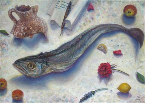 Ljubica Mrkalj: Bela živa priroda sa ribom i krčagom